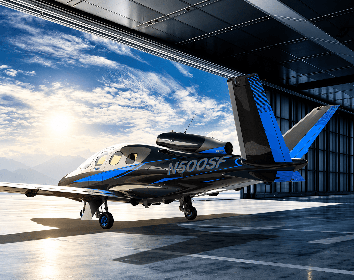 A Cirrus Vision Jet SF50 parked in an open hangar, sun low over mountains behind it.